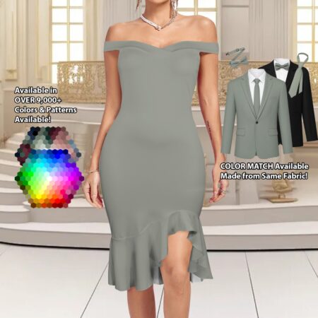 Off-Shoulder Dress with Ruffle Hem bridesmaid dress shown in sage – custom color made to match his suit
