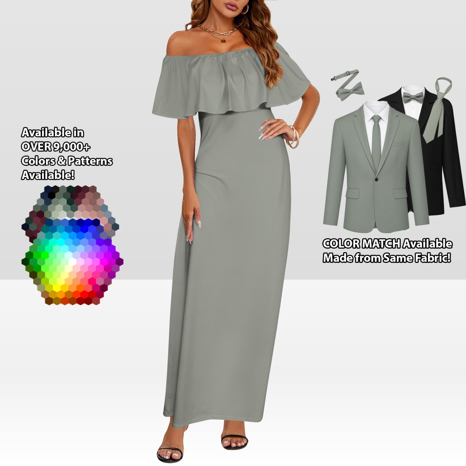 Off-Shoulder Ruffle Boat Neck Dress – custom color bridesmaid dress to match groomsmen suit