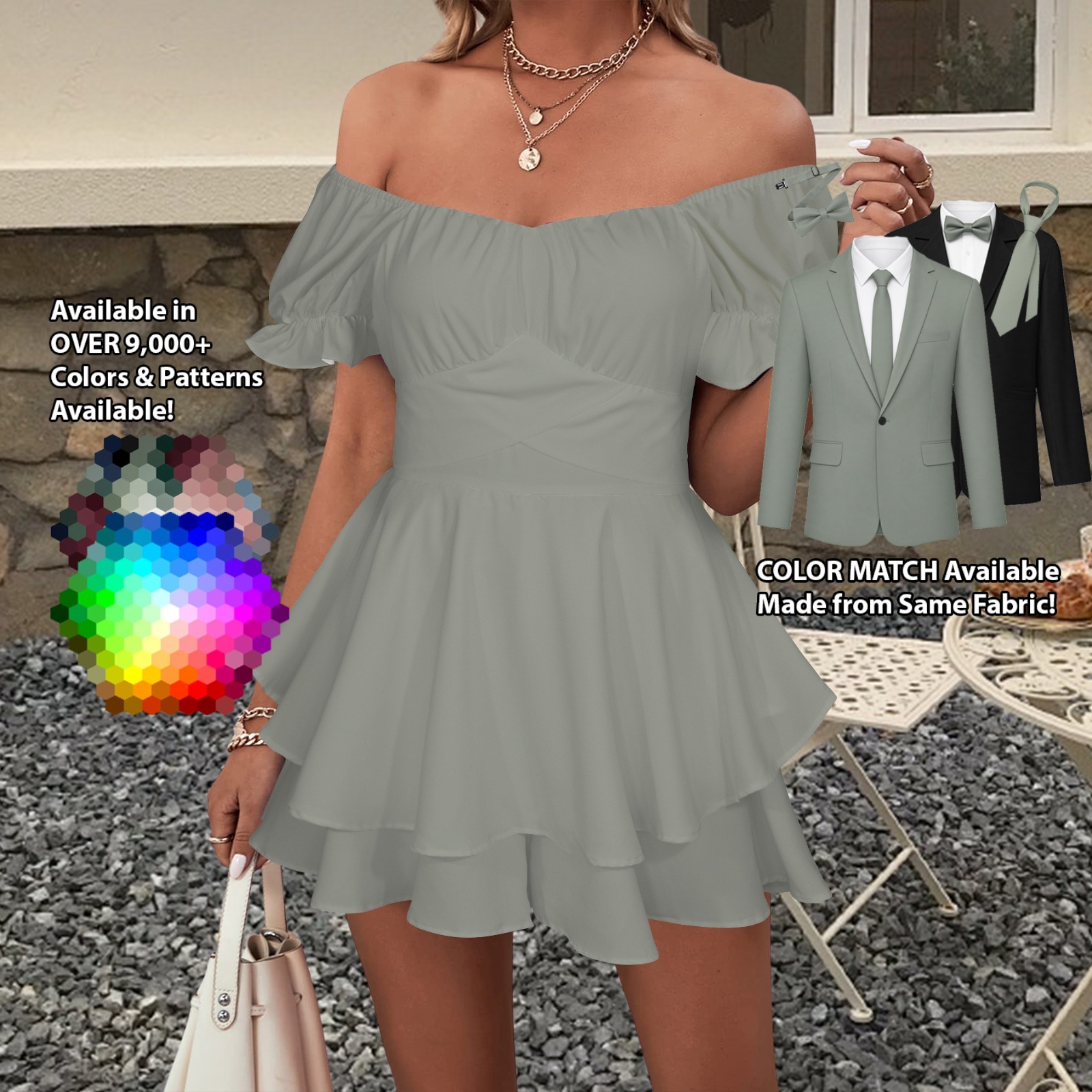 Off-Shoulder Ruffle Hem Dress – custom color bridesmaid dress to match groomsmen suit