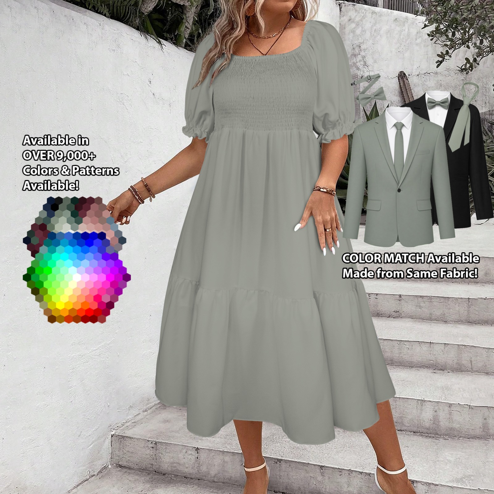 Puff Sleeve Square Neck A-Line Dress – custom color bridesmaid dress to match groomsmen suit