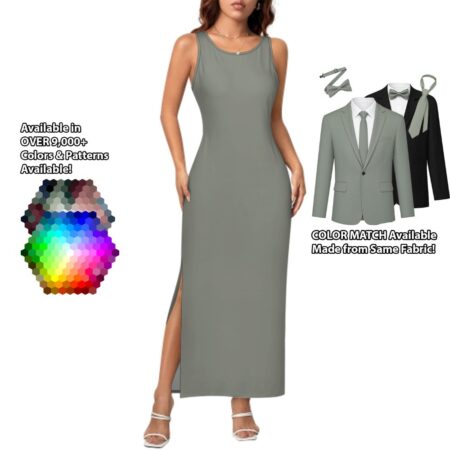 Sleeveless Fitted Side-Slit Long Dress bridesmaid dress shown in sage – custom color made to match his suit