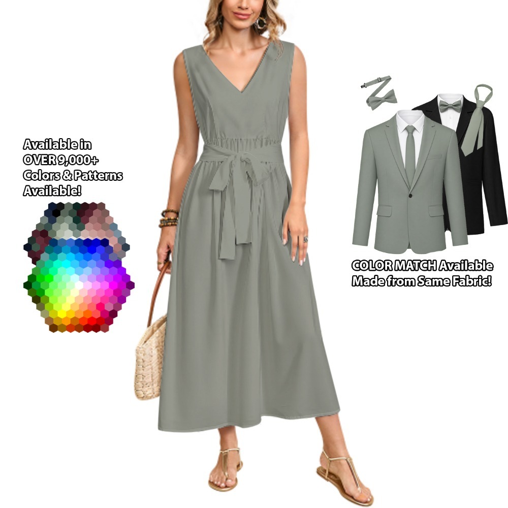 Sleeveless V-Neck Belted Dress – custom color bridesmaid dress to match groomsmen suit