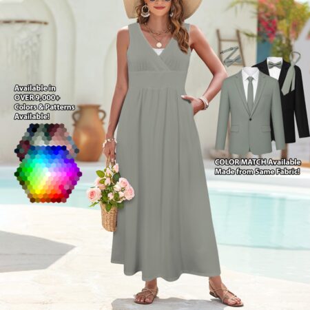 Sleeveless V-Neck Maxi Dress bridesmaid dress shown in sage – custom color made to match his suit