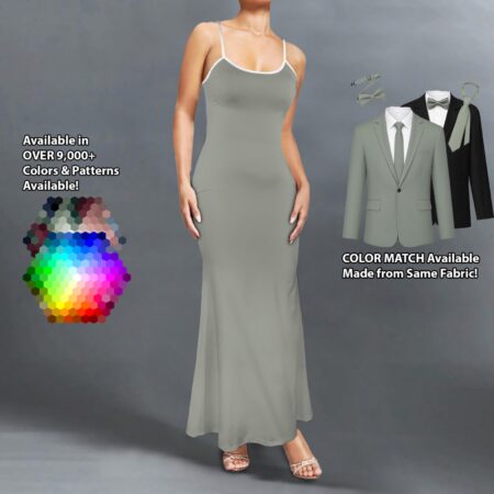 Spaghetti Strap Fitted Maxi Dress bridesmaid dress shown in sage – custom color made to match his suit
