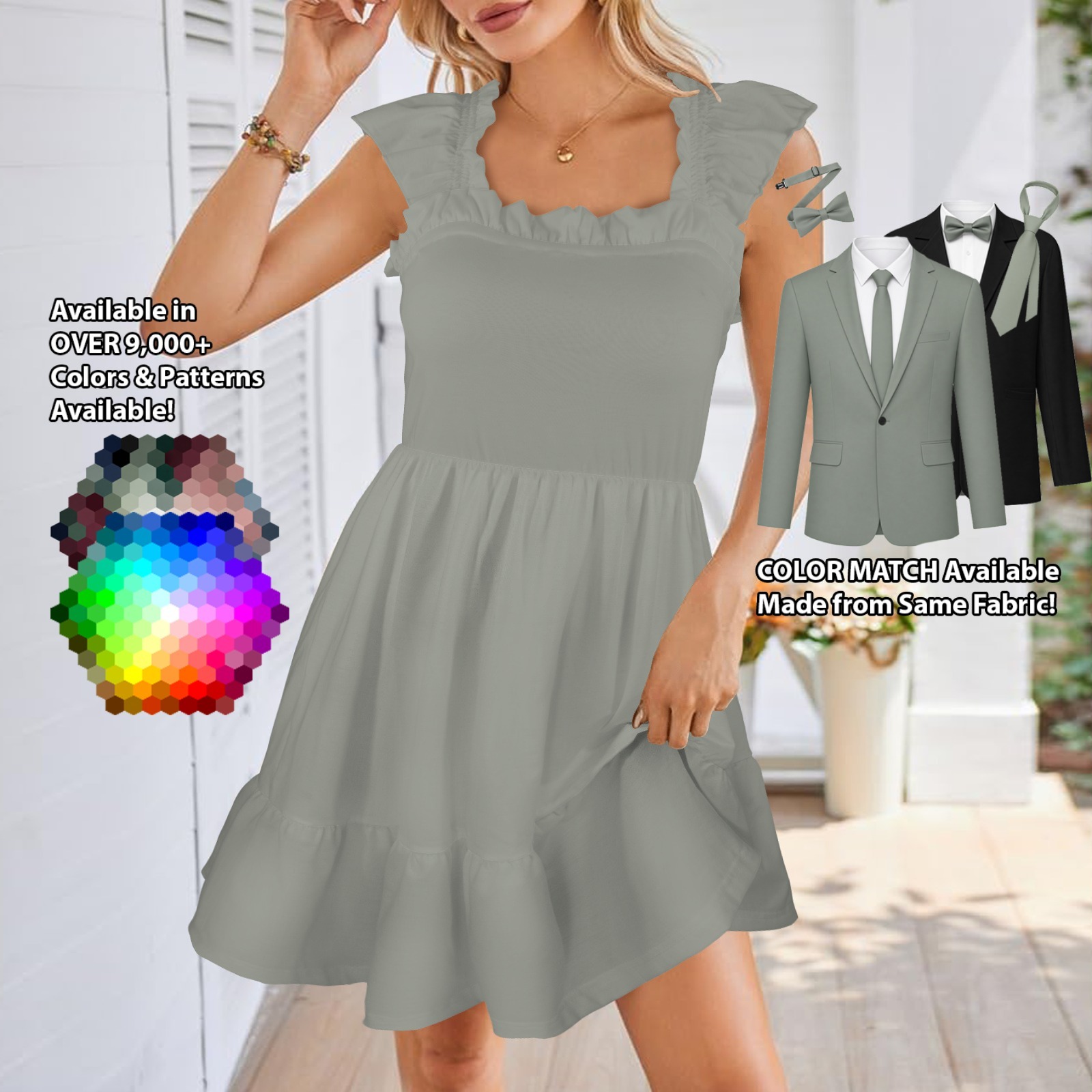 Square Neck Ruffle Strap Dress – custom color bridesmaid dress to match groomsmen suit