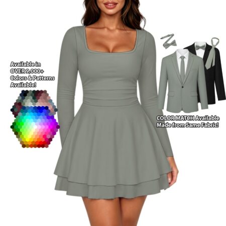 Square Neck Ruffled Mini Dress bridesmaid dress shown in sage – custom color made to match his suit