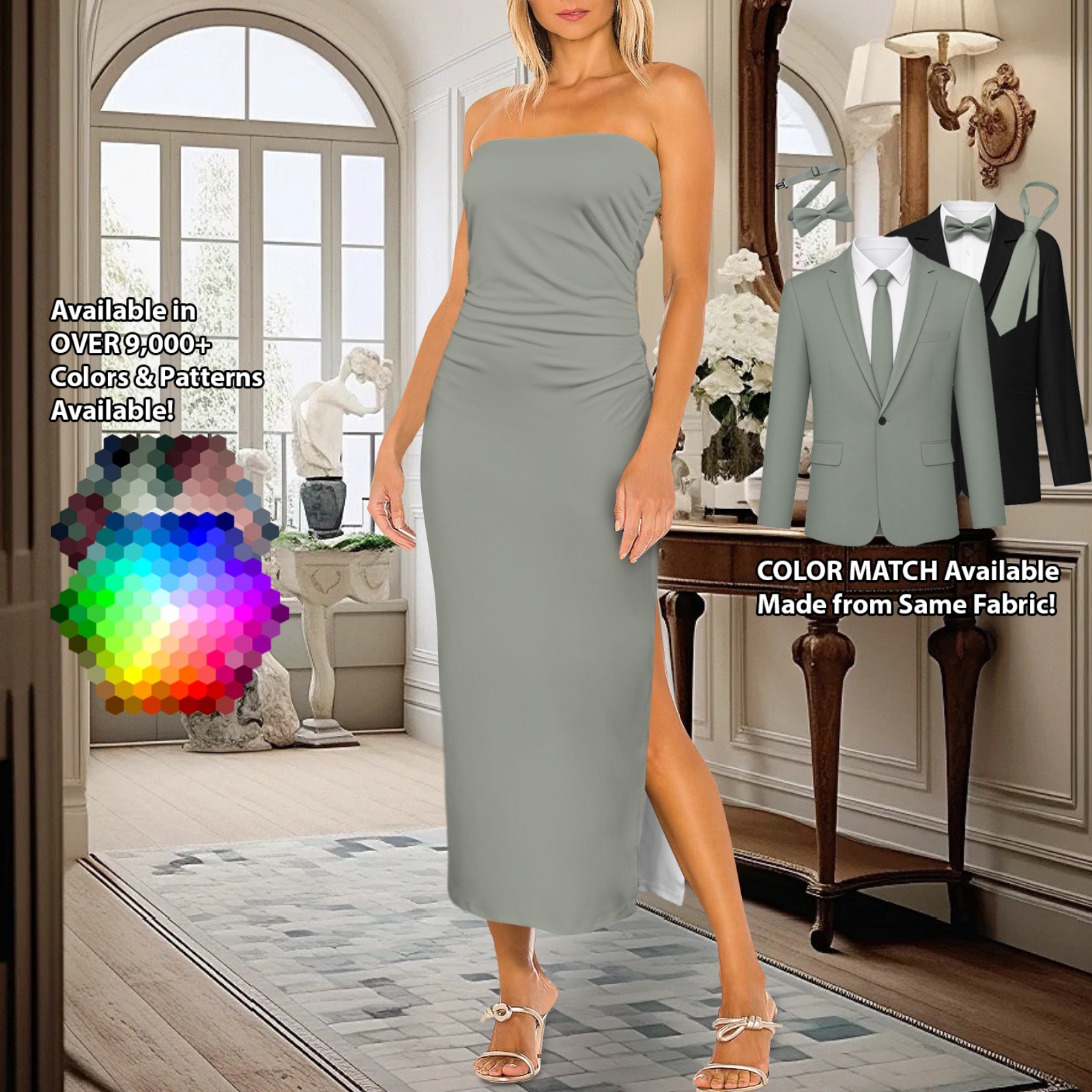 Strapless Slit Maxi Dress – custom color bridesmaid dress to match groomsmen suit