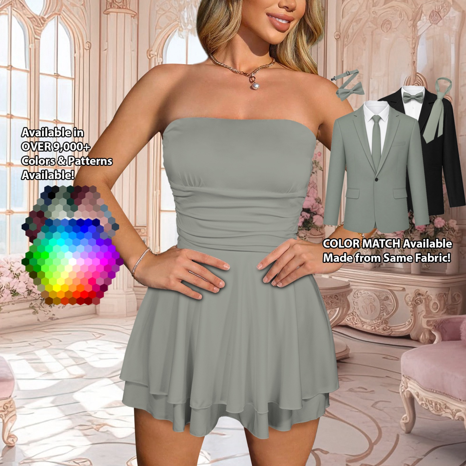 Strapless Tiered Ruffle Mini Dress – custom color bridesmaid dress to match groomsmen suit