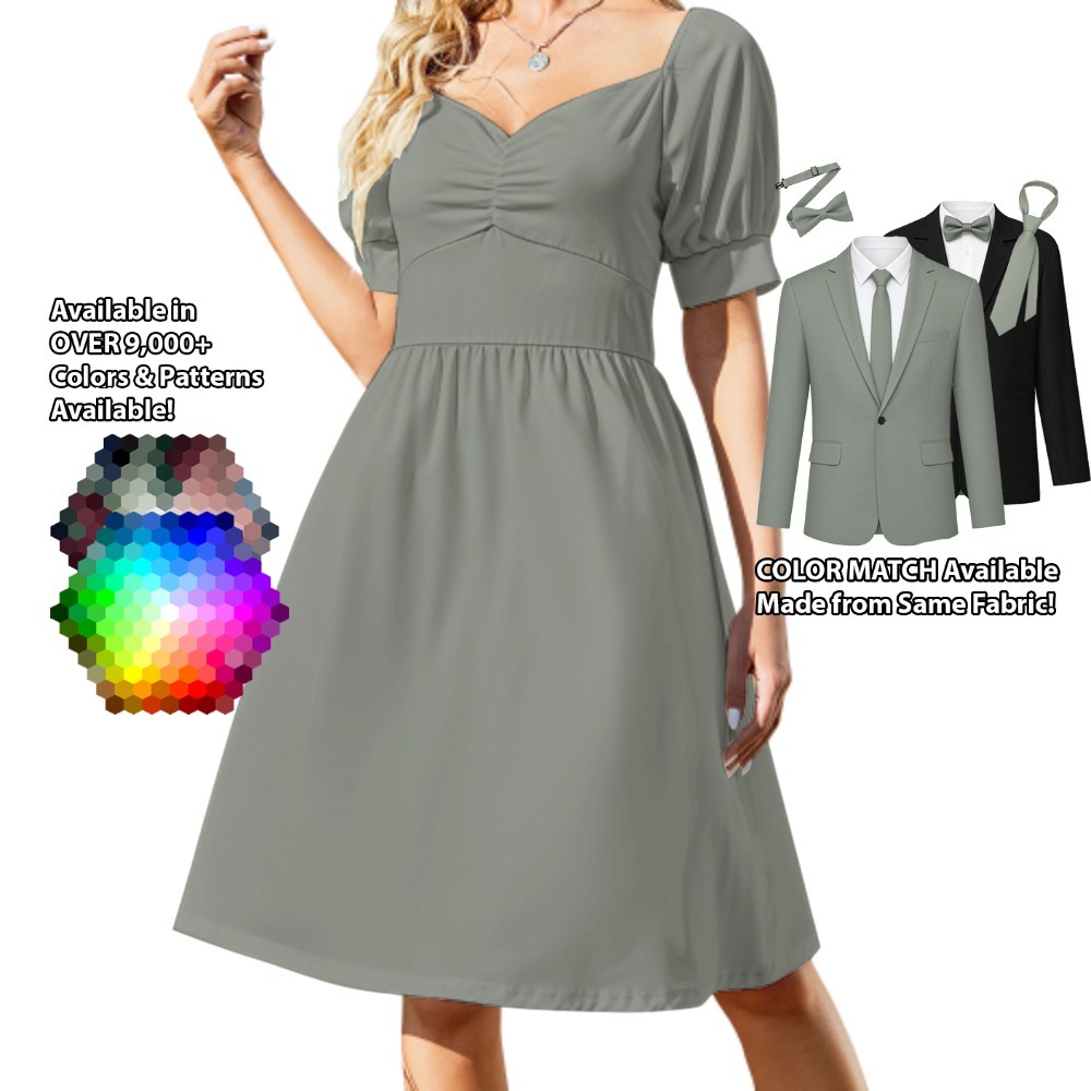 Sweetheart Neck Puff Sleeve Dress – custom color bridesmaid dress to match groomsmen suit