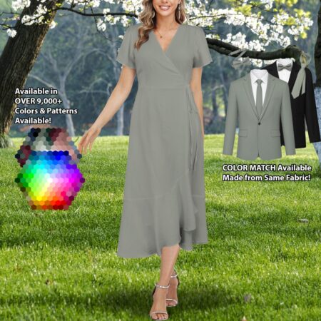 V-Neck Ruffle Hem Split Long Dress bridesmaid dress shown in sage – custom color made to match his suit