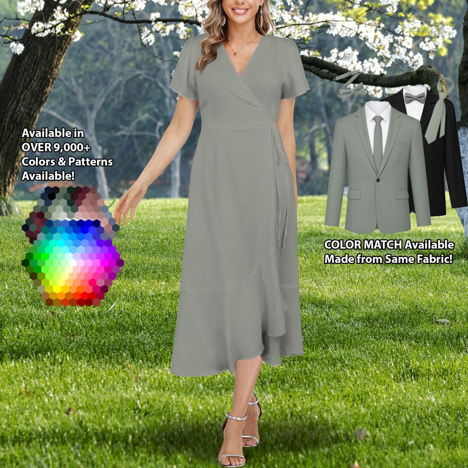 V-Neck Ruffle Hem Split Long Dress – custom color bridesmaid dress to match groomsmen suit