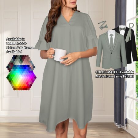 V-Neck Ruffle Sleeve Dress bridesmaid dress shown in sage – custom color made to match his suit